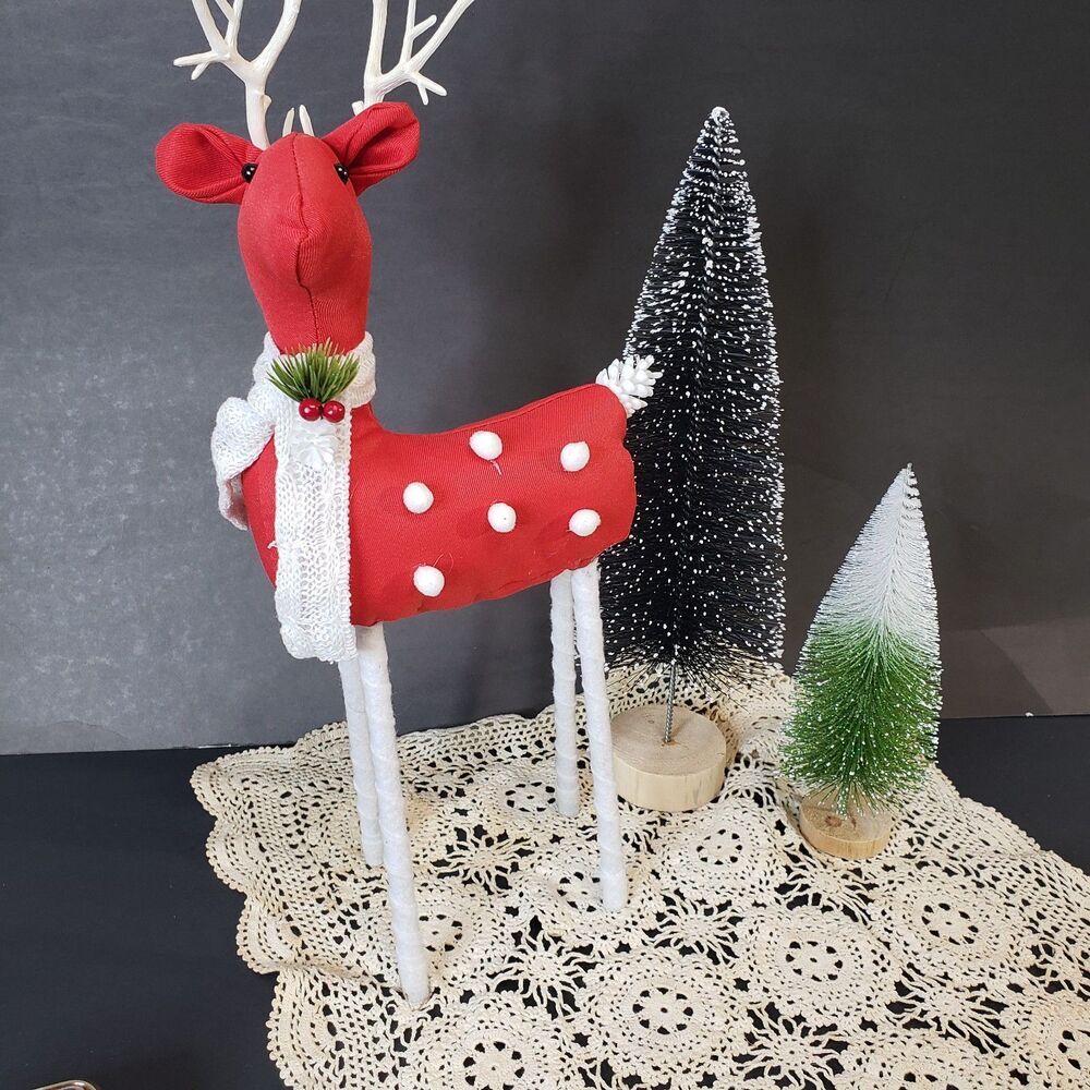 Cute Farmhouse Red Polka Dot Fabric Tall Reindeer Figurine Christmas Shelf Decor